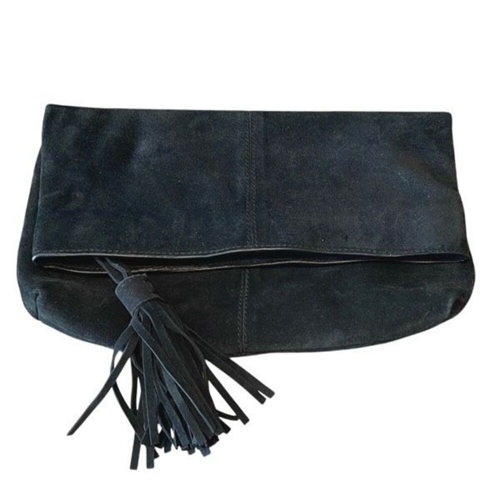 Leith Womens Suede Leather Tassel Detail Zip Top Foldover Flap Clutch Black OS